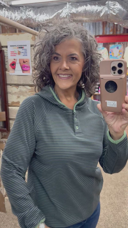 Staccato Color-Trimmed Button-Neck Striped Top - Sage Green