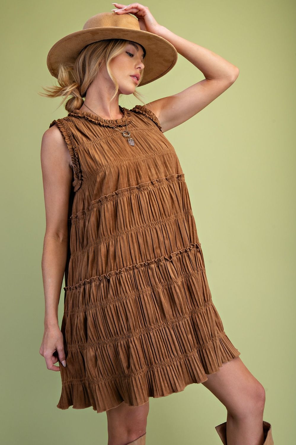 SLEEVELESS TIERED CAMEL SUEDE DRESS