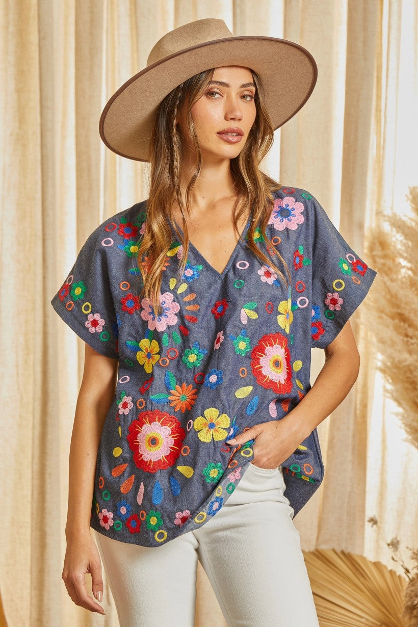 Playa Del Denim Embroidered Blouse