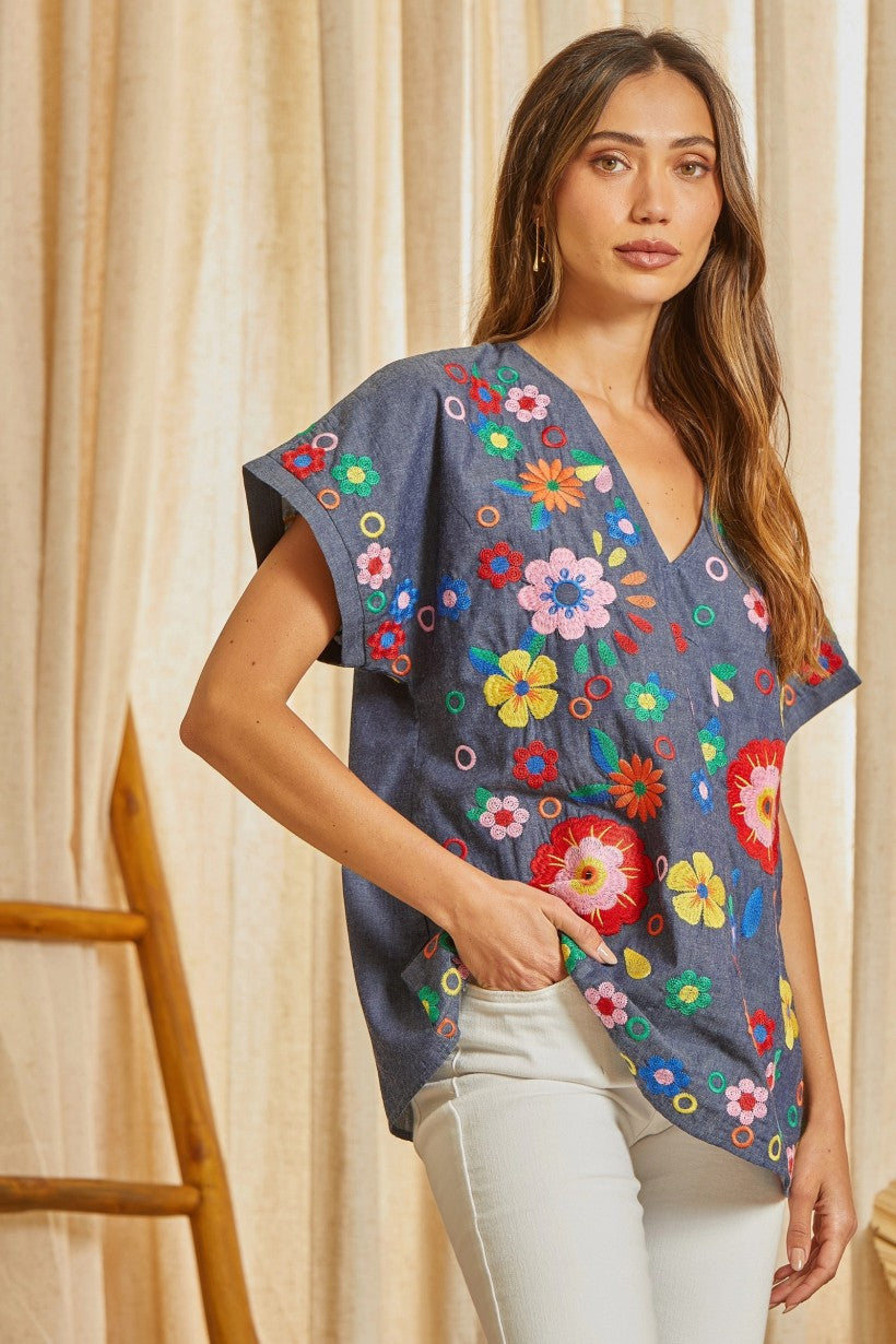 Playa Del Denim Embroidered Blouse