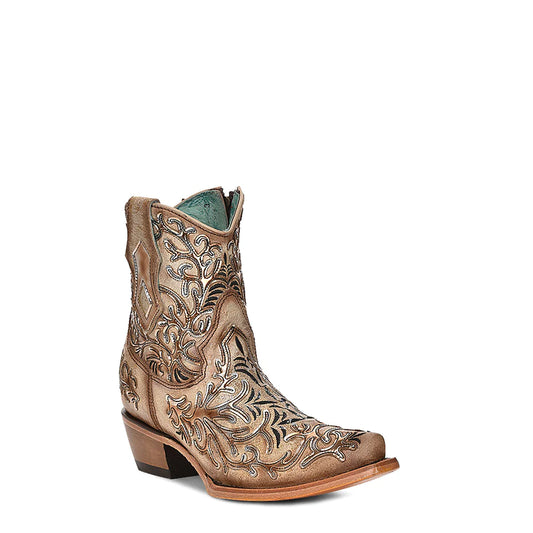 Women's Corral Leather Ankle Boots Handcrafted Bone & Gold C4007