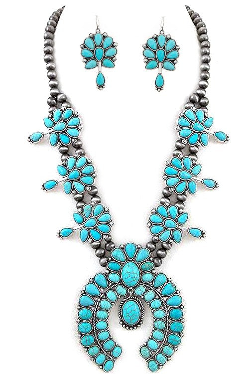 SQUASH BLOSSOM GEMSTONE NAVAJO costume jewelry TURQUOISE NECKLACE SET