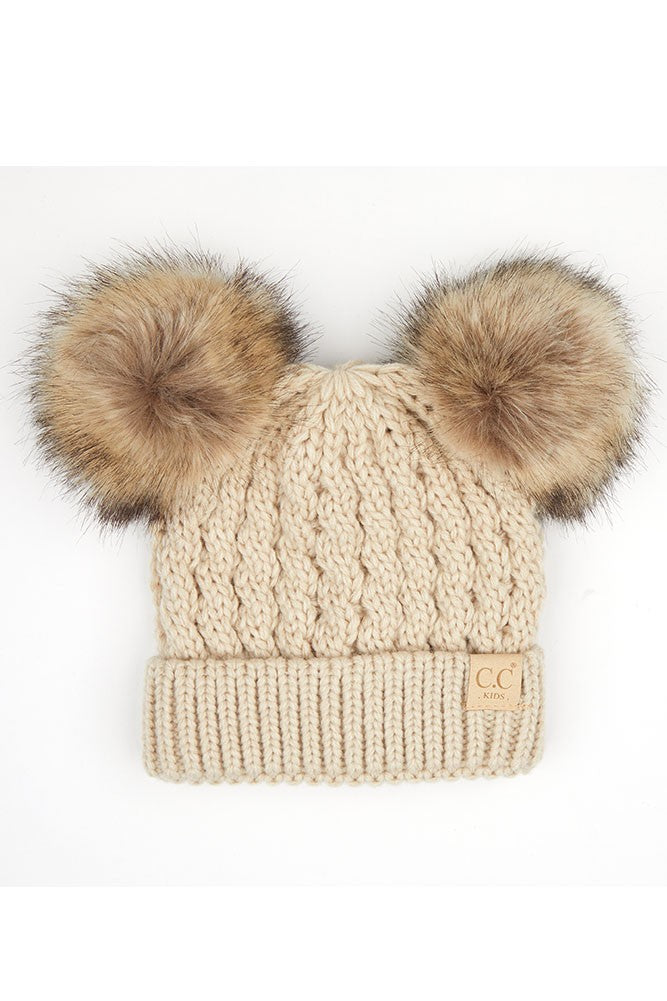 CC kids double pom pom all over BEIGE cable beanie