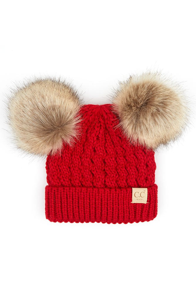 CC kids double pom pom all over red cable beanie