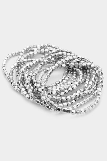 11PCS - Silver Metal Cube Bead Stretch Bracelets