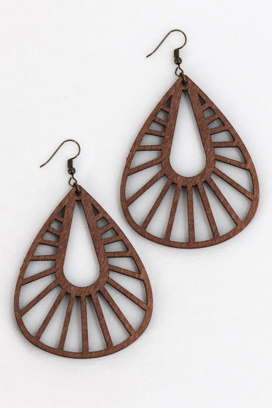 Brown Boho Filigree Laser Cut Teardrop Wood Earrings