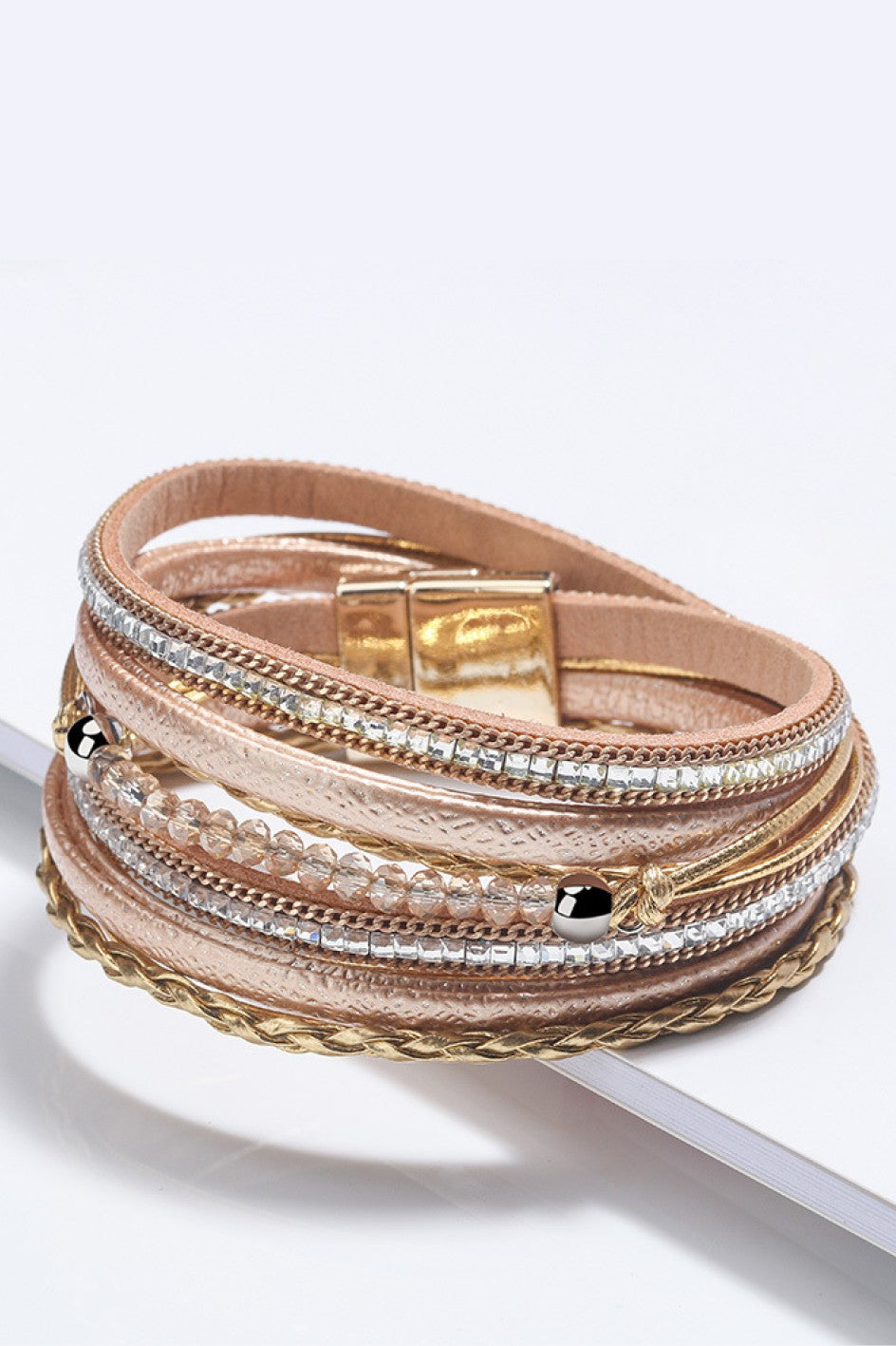 Rose Gold Multi-Strand Leather Wrap Magnetic Clasp Bracelet