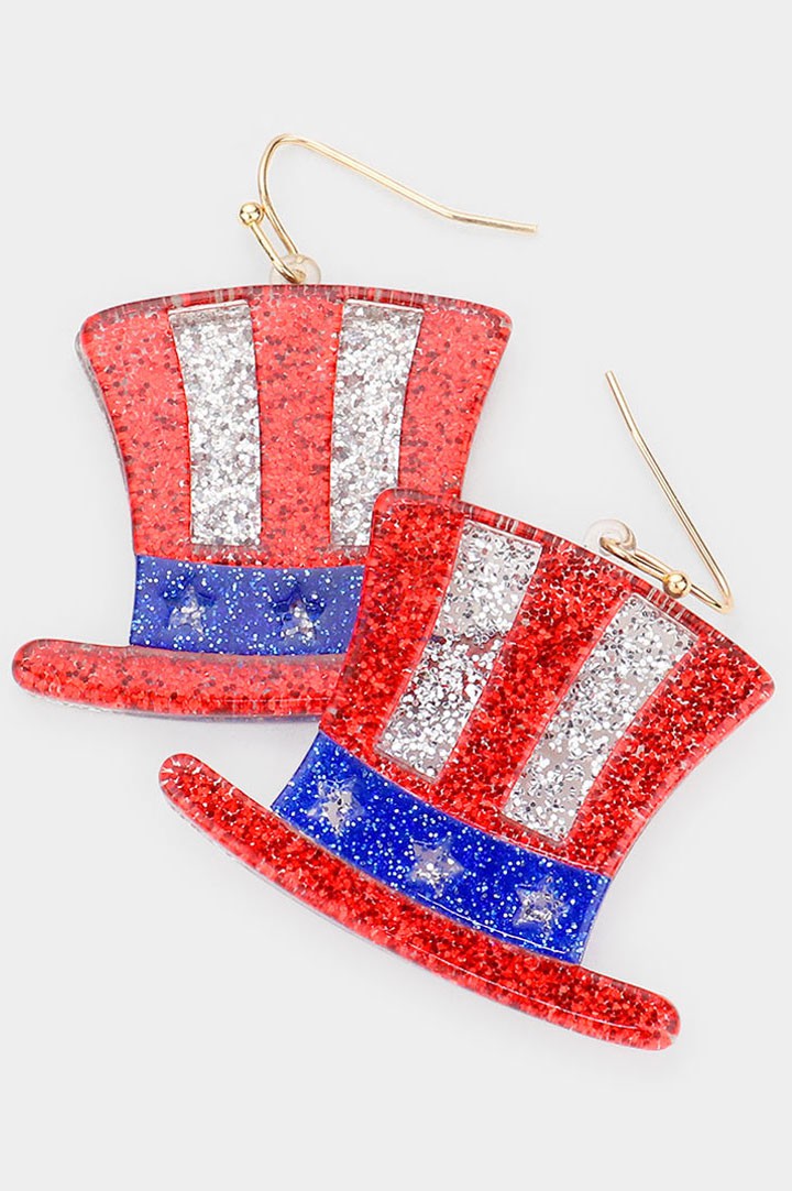 Glittered Resin American USA Flag Hat Earrings