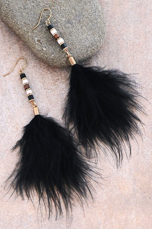 Boho Long Black Tassel Feather Earrings