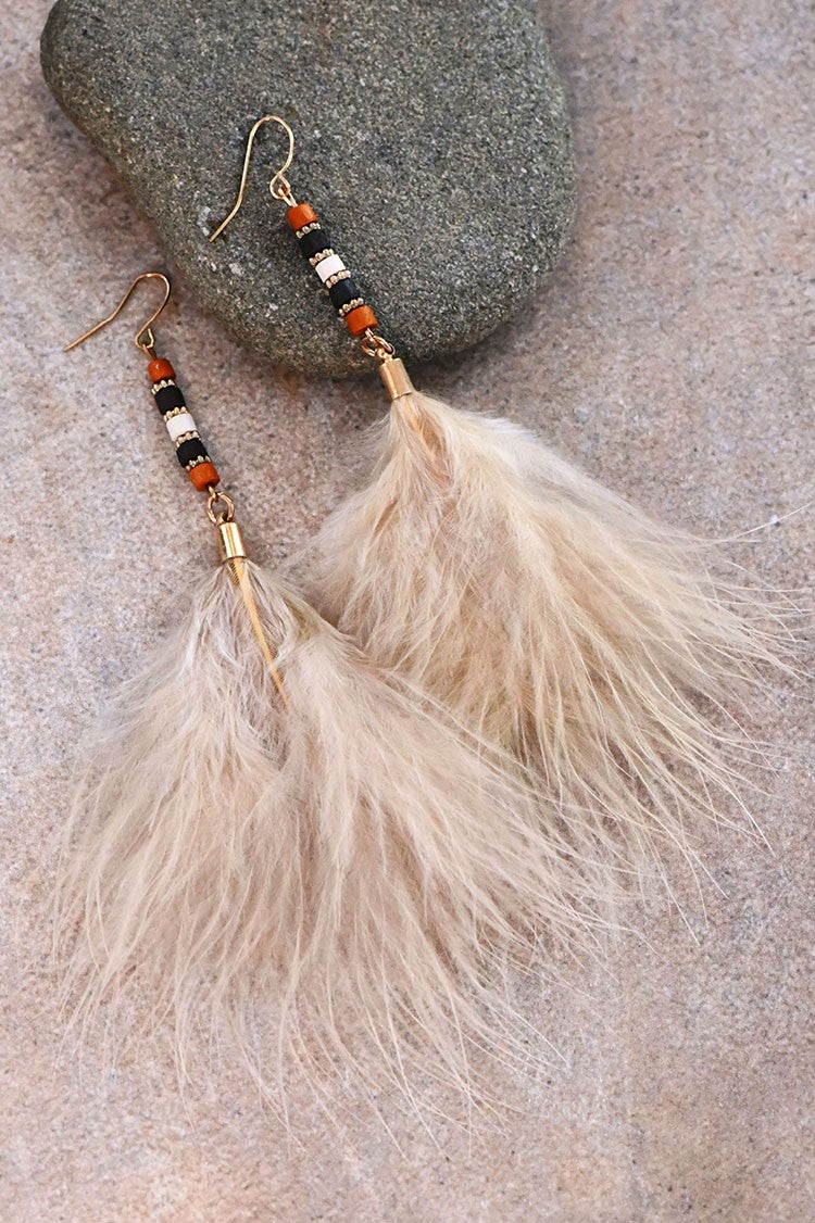 Boho Long Khaki Tassel Feather Earrings