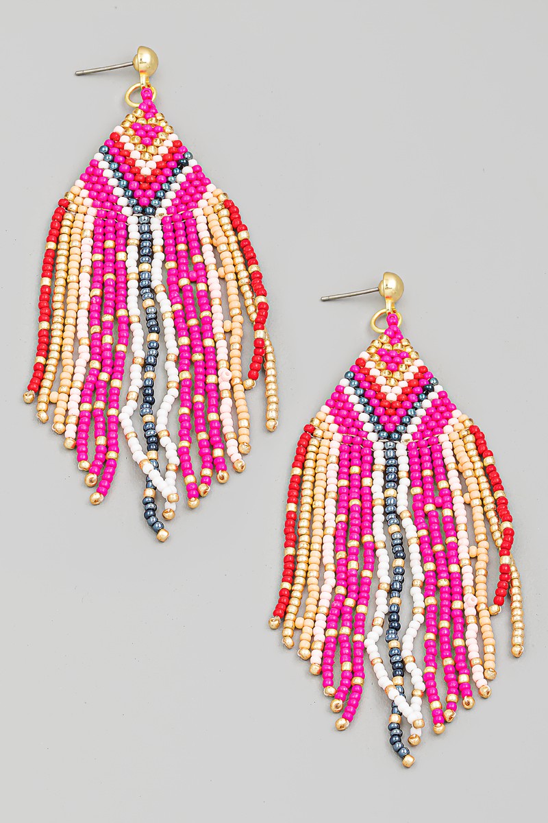 Pink Seed Beaded Fringe Earrings