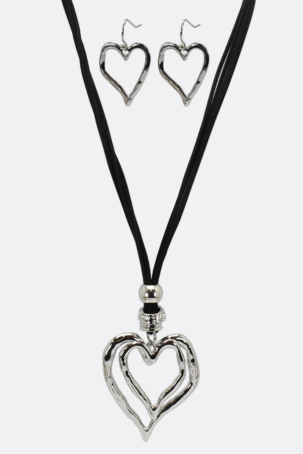 Metal Double Heart Charm Cord Necklace & Earring Set