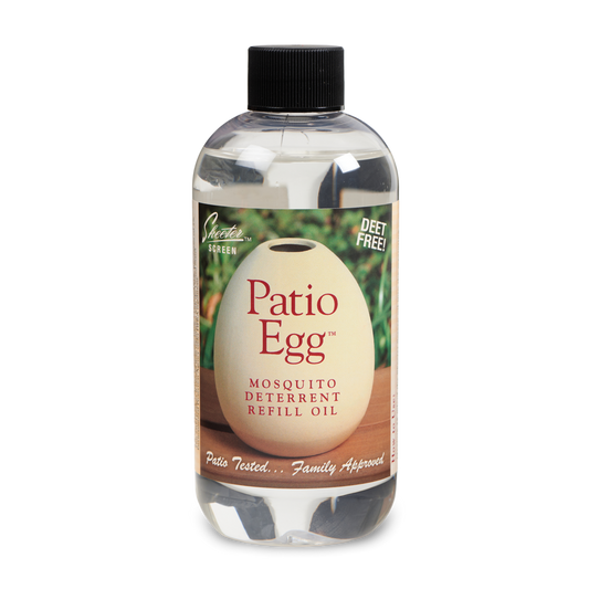 A bottle of Patio Egg mosquito deterrent refill oil with a label that includes the product name and a depiction of an egg.