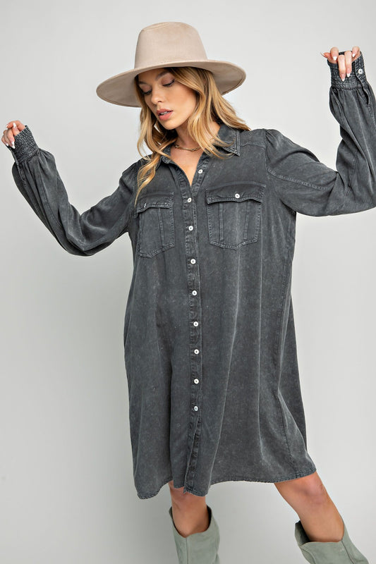 MINERAL WASHED BUTTON DOWN TUNIC DRESS