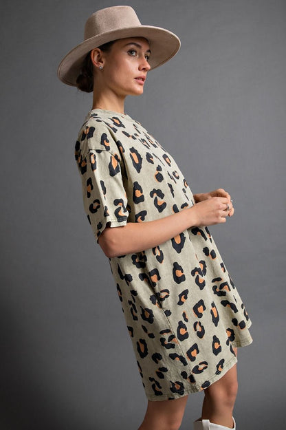 FADED SAGE WASHED LEOPARD TUNIC TEE DRESS