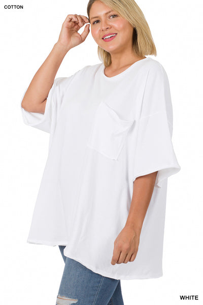 WHITE OVERSIZED FRONT POCKET RAW EDGE BOYFRIEND TEE