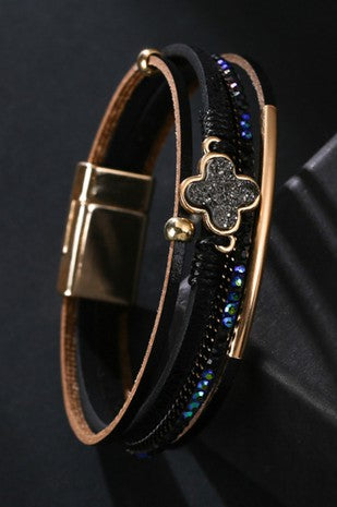 Black Multi Strand Leather Bracelet with Magnetic Clasp